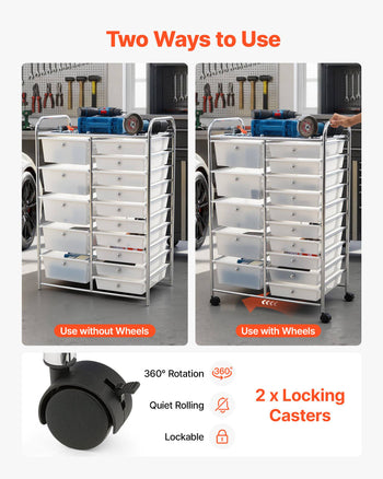 Rolling Cart with Drawers, Double Row 15 Drawer Storage Organizer, Mobile Utility Cart with Chrome Steel Frame, Universal Casters & 2 Brakes, for Office, Classroom, Craft Room, Studio, Garage