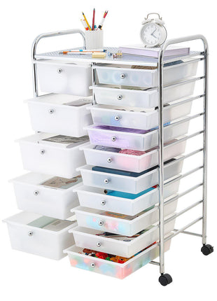 Rolling Cart with Drawers, Double Row 15 Drawer Storage Organizer, Mobile Utility Cart with Chrome Steel Frame, Universal Casters & 2 Brakes, for Office, Classroom, Craft Room, Studio, Garage