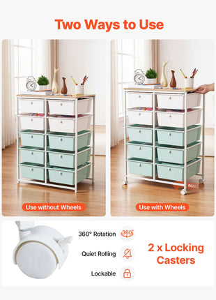 Rolling Cart with Drawers, Double Row 10 Drawer Storage Organizer, Mobile Utility Cart, Wood Top, Steel Frame, Universal Casters & 2 Brakes, for Office, Classroom, Craft Room, Studio, Blue White