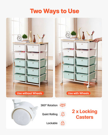 Rolling Cart with Drawers, Double Row 10 Drawer Storage Organizer, Mobile Utility Cart, Wood Top, Steel Frame, Universal Casters & 2 Brakes, for Office, Classroom, Craft Room, Studio, Blue White