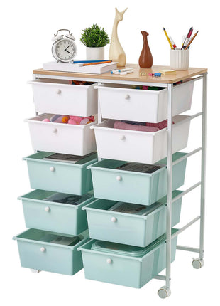 Rolling Cart with Drawers, Double Row 10 Drawer Storage Organizer, Mobile Utility Cart, Wood Top, Steel Frame, Universal Casters & 2 Brakes, for Office, Classroom, Craft Room, Studio, Blue White