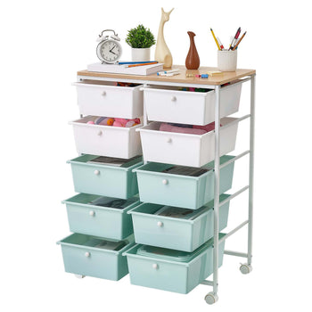 Rolling Cart with Drawers, Double Row 10 Drawer Storage Organizer, Mobile Utility Cart, Wood Top, Steel Frame, Universal Casters & 2 Brakes, for Office, Classroom, Craft Room, Studio, Blue White
