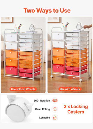 Rolling Cart with Drawers, Double Row 15 Drawer Storage Organizer, Mobile Utility Cart, Steel Frame, Universal Casters & 2 Brakes, for Office, Classroom, Craft Room, Studio, Garage, Gradient Red
