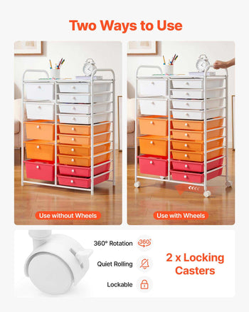 Rolling Cart with Drawers, Double Row 15 Drawer Storage Organizer, Mobile Utility Cart, Steel Frame, Universal Casters & 2 Brakes, for Office, Classroom, Craft Room, Studio, Garage, Gradient Red