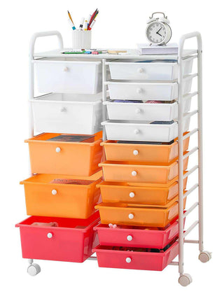 Rolling Cart with Drawers, Double Row 15 Drawer Storage Organizer, Mobile Utility Cart, Steel Frame, Universal Casters & 2 Brakes, for Office, Classroom, Craft Room, Studio, Garage, Gradient Red