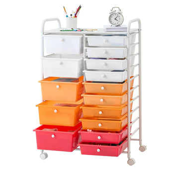 Rolling Cart with Drawers, Double Row 15 Drawer Storage Organizer, Mobile Utility Cart, Steel Frame, Universal Casters & 2 Brakes, for Office, Classroom, Craft Room, Studio, Garage, Gradient Red