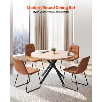 5-Piece Dining Table Set, Space-Saving Round Kitchen Table with 4 Upholstered Orange Chairs, PU Leather Cushions, Modern Wood-Tone Desk with Adjustable Foot Pads for Dining Room, Small Spaces