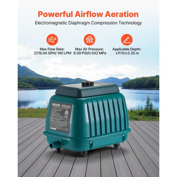 Linear Air Pump, 2219.04 GPH Air Flow, Septic Aerator Pump, Aeration System for 11 ft Deep Ponds, Fit for Septic Tanks, Aquariums, Waste Treatment, Seafood Restaurants, Fish Farms, Hydroponics