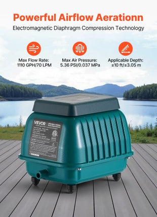 Linear Air Pump, 1110 GPH Air Flow, Septic Aerator Pump, Aeration System for 10 ft Deep Ponds, Fit for Septic Tanks, Aquariums, Waste Treatment, Seafood Restaurants, Fish Farms, Hydroponics