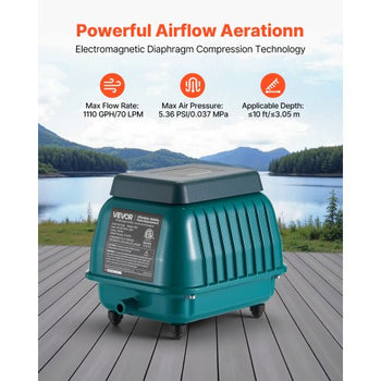 Linear Air Pump, 1110 GPH Air Flow, Septic Aerator Pump, Aeration System for 10 ft Deep Ponds, Fit for Septic Tanks, Aquariums, Waste Treatment, Seafood Restaurants, Fish Farms, Hydroponics
