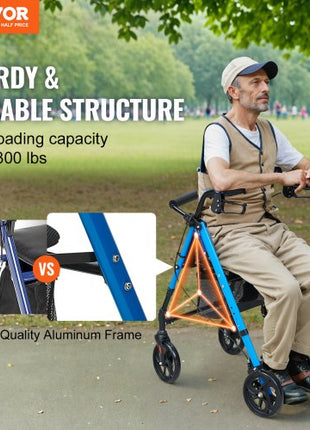 Rollator Walker for Seniors and Adult, Lightweight Aluminum Foldable Rolling Walker with Adjustable Seat and Handle, Outdoor Mobility Rollator Walker with 8" All Terrain Wheels, 300LBS Capacity