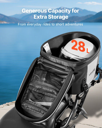 Motorcycle Tail Bag, 28 L Motorcycle Rear Seat Bag with Waterproof Fabric, Outdoor Sports Motorbike Luggage Storage Trunk Handbag with Pocket & Adjustable Buckle, Universal Fit Rear Racks, Black