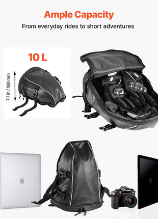 Motorcycle Tail Bag, 10 L Motorcycle Rear Seat Bag with Waterproof Rain Cover, Outdoor Sports Motorbike Luggage Storage Trunk Rack Backpack Handbag with Shoulder Strap and Inner Pocket, Black