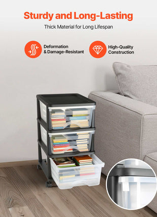 Plastic Storage Drawers Cart, 3 Drawers Storage Organizer with Wheels, Rolling Closet Organization and Storage Dividers, Dresser Organizer Clear Bins for Office Supplies, Craft Rooms, Classrooms