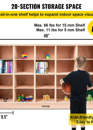 Cubby Mobile Tray Storage Cabinet, 20-Compartment Cubby Storage Shelf, Cubby Storage Cabinet 4 x 5, Classroom Cubbies, Classroom Furniture for Home, Daycare and Preschool, Natural