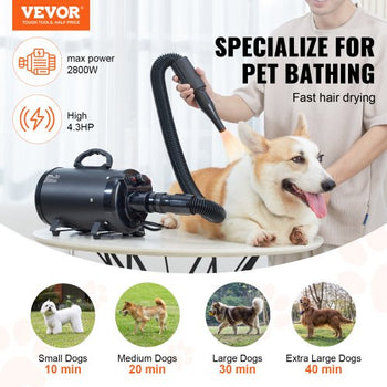 Dog Dryer, 2000W/2.7HP Dog Blow Dryer, Pet Grooming Dryer with Adjustable Speed and Temperature Control, Pet Hair Dryer with 4 Nozzles and Extendable Hose, Black