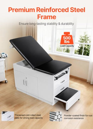 Pro Medical Exam Table, Medical Examination Bed with Adjustable Backrest, Physical Therapy Exam Table with Locking Cabinet, 2 Drawers, Paper Roll Dispenser, Step Stool & Leg Rest, 500LBS Loading