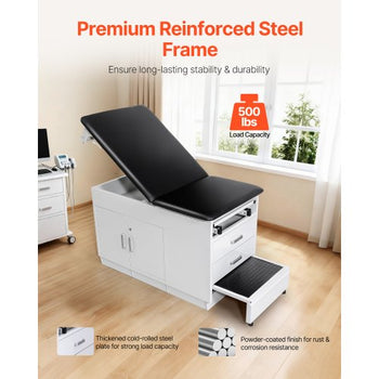 Pro Medical Exam Table, Medical Examination Bed with Adjustable Backrest, Physical Therapy Exam Table with Locking Cabinet, 2 Drawers, Paper Roll Dispenser, Step Stool & Leg Rest, 500LBS Loading