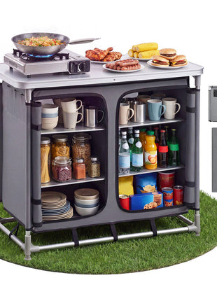 Camping Storage Cabinet, Outdoor Portable Aluminum Lightweight Table, Quick Set-up Compact Kitchen Cook Station, with 6 Shelves and Carry Bag, for Picnic, BBQ, Party, Camping, RV Traveling