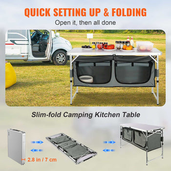 Slim-fold camping kitchen table in silver and gray, features quick setup, durable material, and storage pockets.