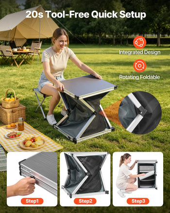Folding Camping Storage Cabinet, Outdoor Portable Aluminum Lightweight Table, Quick Set-up Compact Kitchen Cook Station, with 3 Shelves and Carry Bag, for Picnic, BBQ, Camping, RV Traveling