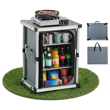 Folding Camping Storage Cabinet, Outdoor Portable Aluminum Lightweight Table, Quick Set-up Compact Kitchen Cook Station, with 3 Shelves and Carry Bag, for Picnic, BBQ, Camping, RV Traveling