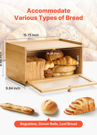 Bread Box for Kitchen Counter, Large Capacity Bamboo Bread Storage Container, Farmhouse Wooden Breadbox Organizer for Homemade Bread, Storage Holder Bin with Acrylic Wavy Door Panel, Natural