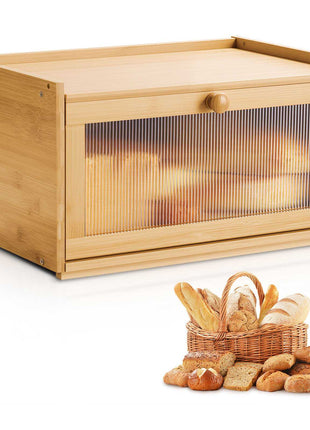 Bread Box for Kitchen Counter, Large Capacity Bamboo Bread Storage Container, Farmhouse Wooden Breadbox Organizer for Homemade Bread, Storage Holder Bin with Acrylic Wavy Door Panel, Natural