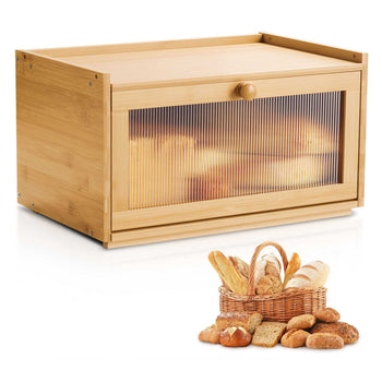 Bread Box for Kitchen Counter, Large Capacity Bamboo Bread Storage Container, Farmhouse Wooden Breadbox Organizer for Homemade Bread, Storage Holder Bin with Acrylic Wavy Door Panel, Natural