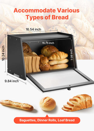 Bread Box for Kitchen Counter, Large Capacity Bamboo Bread Storage Container, Farmhouse Wooden Breadbox Organizer for Homemade Bread, Storage Holder Bin with Acrylic Wavy Door Panel, Black