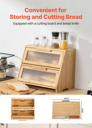 Double Layer Bread Box for Kitchen Counter, Large Capacity Bamboo Bread Storage Container, Farmhouse Wooden Breadbox for Homemade Bread, Storage Holder Bin with Acrylic Wavy Door Panel, Natural