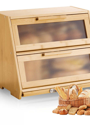 Double Layer Bread Box for Kitchen Counter, Large Capacity Bamboo Bread Storage Container, Farmhouse Wooden Breadbox for Homemade Bread, Storage Holder Bin with Acrylic Wavy Door Panel, Natural