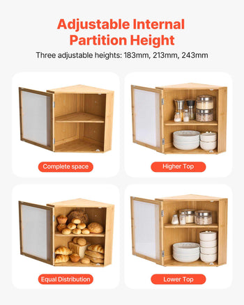 Corner Bread Box for Kitchen Counter, Double Layer Large Capacity Bamboo Bread Storage Container, Farmhouse Wooden Breadbox for Homemade Bread, Storage Holder Bin with Acrylic Wavy Door, Natural