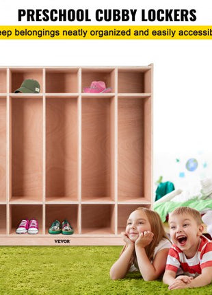 Coat Locker, 5-Section Daycare Cubby Coat Rack 48x12x48 inch, Classroom Coat Locker and Backpack Hanger, with 5 Hooks and Storage Boxes, for Kindergarten & School, Natural