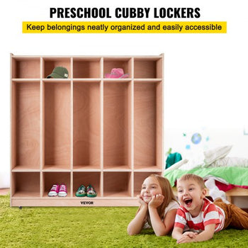 Coat Locker, 5-Section Daycare Cubby Coat Rack 48x12x48 inch, Classroom Coat Locker and Backpack Hanger, with 5 Hooks and Storage Boxes, for Kindergarten & School, Natural