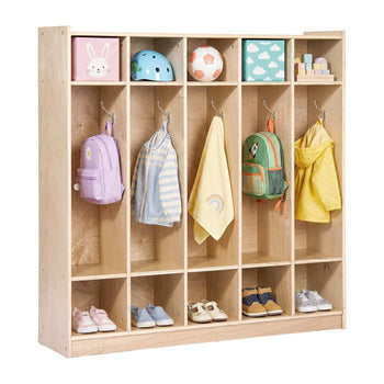 Coat Locker, 5-Section Daycare Cubby Coat Rack 48x12x48 inch, Classroom Coat Locker and Backpack Hanger, with 5 Hooks and Storage Boxes, for Kindergarten & School, Natural