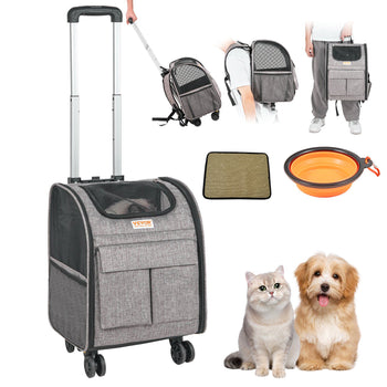 Gray pet carrier on wheels, made of durable fabric; features backpack straps, storage pockets, and collapsible bowl.