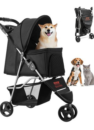 Pet Stroller, 35 lbs Weight Capacity, Foldable Dog Stroller Cart, 3 Wheels Cats Stroller with Mesh Windows and Cup Holders, Portable Pet Carrier Stroller with Brake, for Small to Medium Pets
