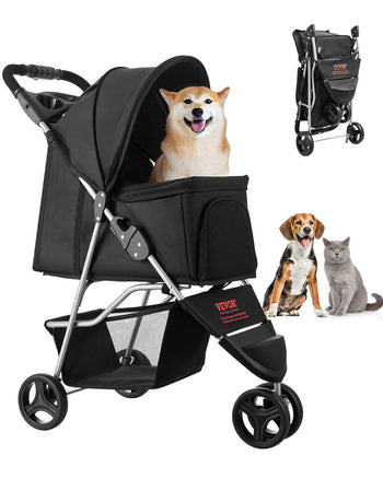 Pet Stroller, 35 lbs Weight Capacity, Foldable Dog Stroller Cart, 3 Wheels Cats Stroller with Mesh Windows and Cup Holders, Portable Pet Carrier Stroller with Brake, for Small to Medium Pets