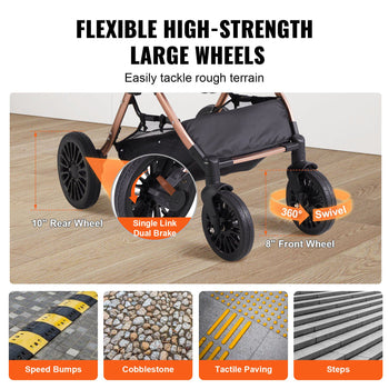 Black and orange flexible stroller with large 10" rear and 8" front wheels, designed for rough terrain navigation.
