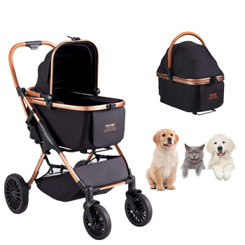 Black pet stroller with gold accents, durable fabric, and a detachable carrier, ideal for dogs and cats.