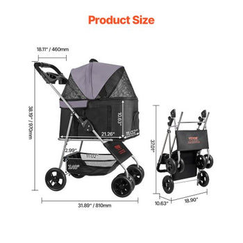 Pet Stroller, 35 lbs Weight Capacity, Foldable Dog Stroller Cart, 4 Wheels Cats Pram with Detachable Carrier & Mesh Windows, Portable Animal Carrier with Brake for Small to Medium Pets