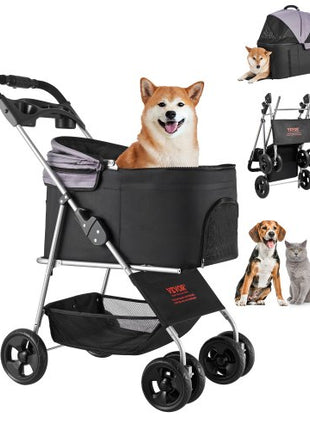 Pet Stroller, 35 lbs Weight Capacity, Foldable Dog Stroller Cart, 4 Wheels Cats Pram with Detachable Carrier & Mesh Windows, Portable Animal Carrier with Brake for Small to Medium Pets