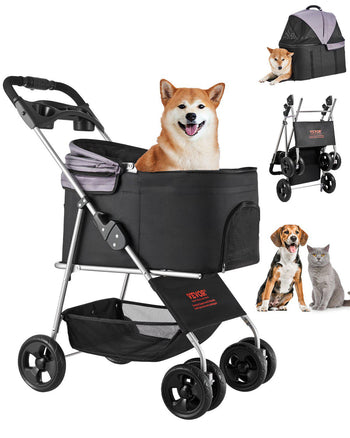 Pet Stroller, 35 lbs Weight Capacity, Foldable Dog Stroller Cart, 4 Wheels Cats Pram with Detachable Carrier & Mesh Windows, Portable Animal Carrier with Brake for Small to Medium Pets
