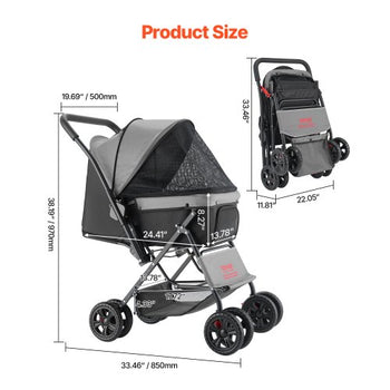 Pet Stroller, 44 lbs Weight Capacity, Foldable Dog Stroller Cart, 4 Wheels Cats Stroller with Mesh Windows & Revrsible Handle, Portable Pet Carrier Stroller with Brake, for Small to Medium Pets