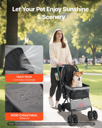 Pet Stroller, 44 lbs Weight Capacity, Foldable Dog Stroller Cart, 4 Wheels Cats Stroller with Mesh Windows & Revrsible Handle, Portable Pet Carrier Stroller with Brake, for Small to Medium Pets