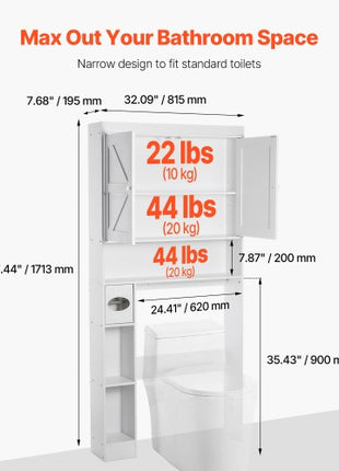 Over The Toilet Storage Cabinet, 67.44 in Height Bathroom Storage Organizer with Double Door and Adjustable Shelf, Bathroom Space Saver Organizer Above Toilet with Open Shelf, White