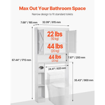 Over The Toilet Storage Cabinet, 67.44 in Height Bathroom Storage Organizer with Double Door and Adjustable Shelf, Bathroom Space Saver Organizer Above Toilet with Open Shelf, White
