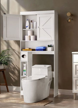 Over The Toilet Storage Cabinet, 67.44 in Height Bathroom Storage Organizer with Double Door and Adjustable Shelf, Bathroom Space Saver Organizer Above Toilet with Open Shelf, White