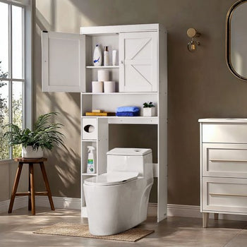 Over The Toilet Storage Cabinet, 67.44 in Height Bathroom Storage Organizer with Double Door and Adjustable Shelf, Bathroom Space Saver Organizer Above Toilet with Open Shelf, White